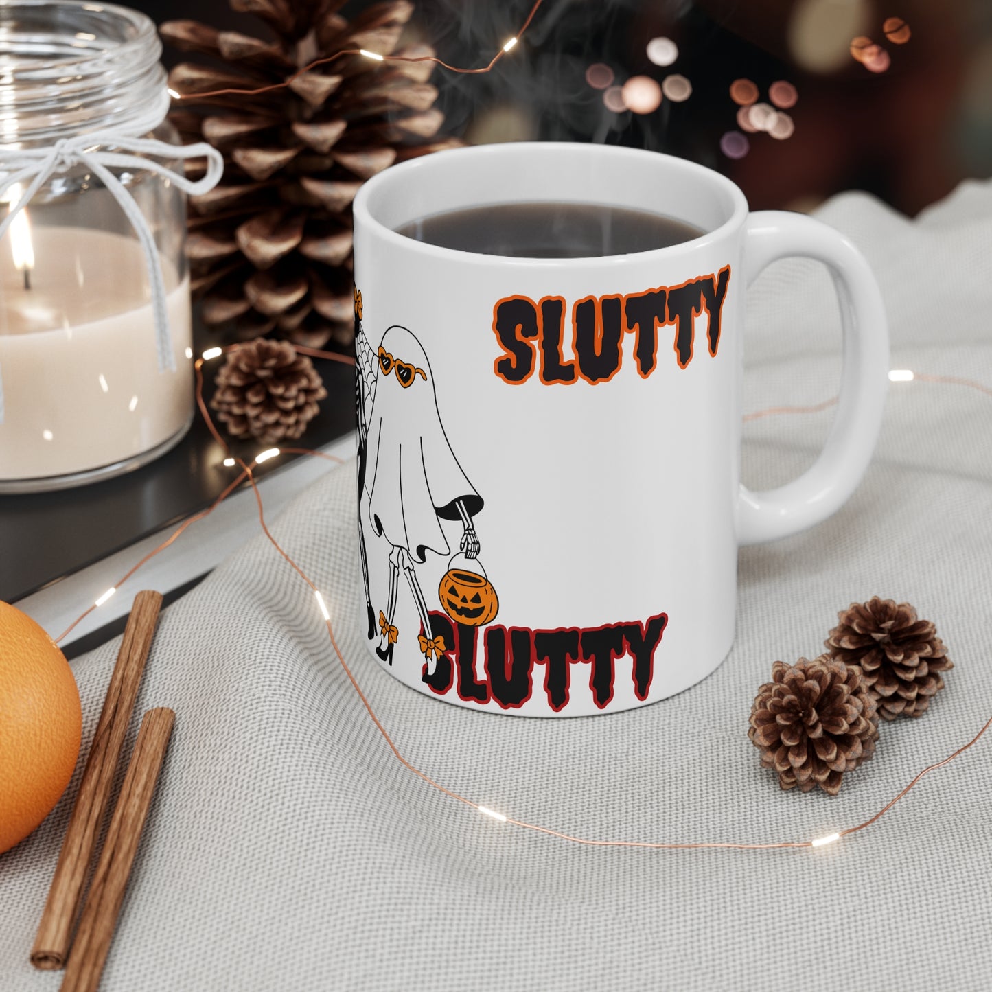 Halloween Spirit Mug, Fun Fall Decor, Unique Halloween Gift, Skeleton and Pumpkin Design, Cozy Drinkware for Spooky Season