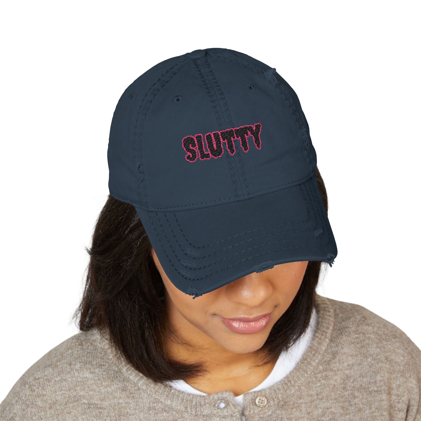 Distressed Dad Hat with 'SLUTTY' Embroidery - Trendy Cap for Casual Outfits, Gifts, Parties, Summer Fashion, Everyday Style