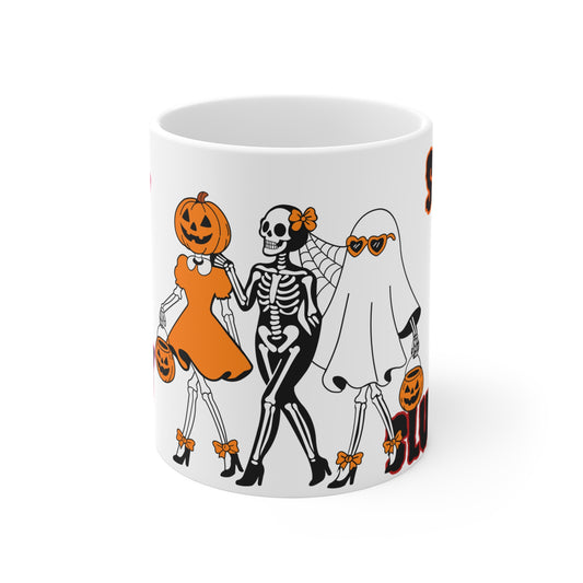 Halloween Spirit Mug, Fun Fall Decor, Unique Halloween Gift, Skeleton and Pumpkin Design, Cozy Drinkware for Spooky Season