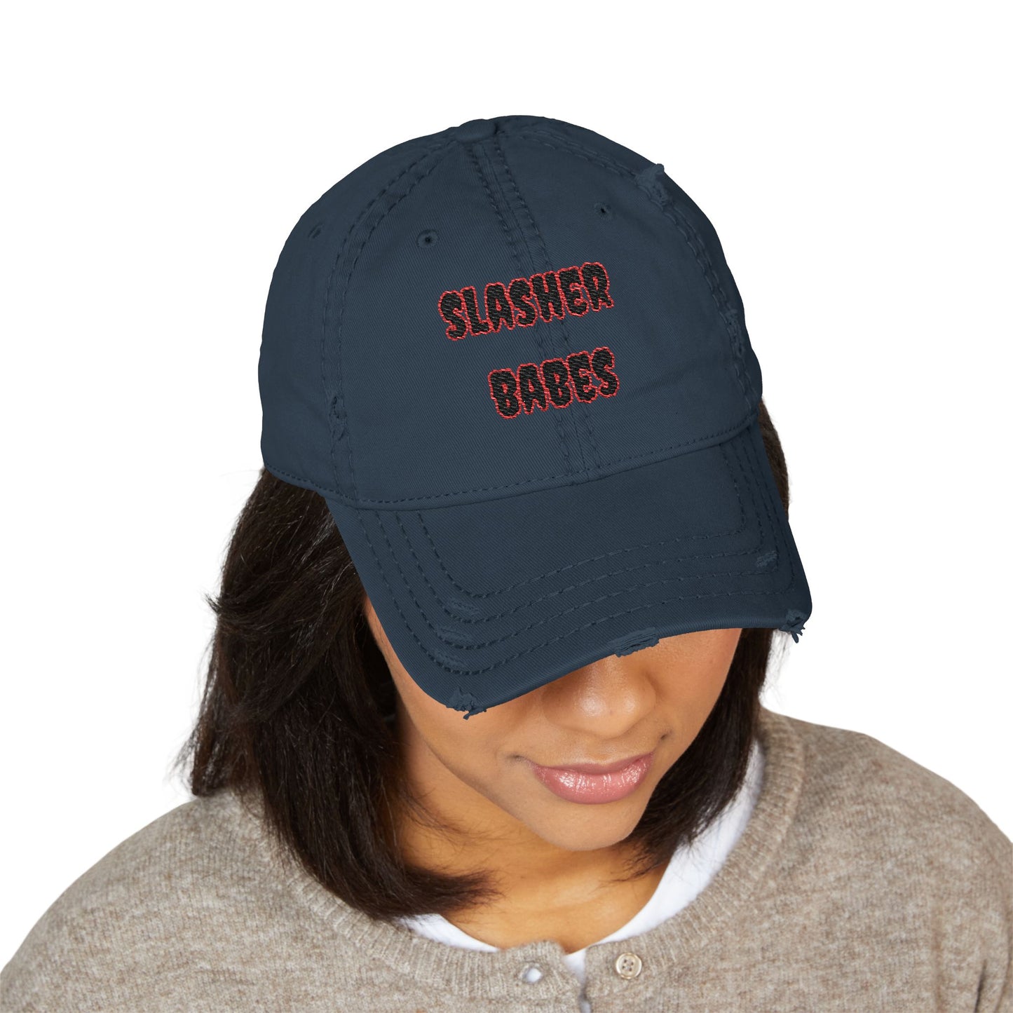 Distressed Embroidered Dad Hat - Slasher Babes Cap, Casual Summer Accessory, Gift for Horror Fans, Streetwear Style
