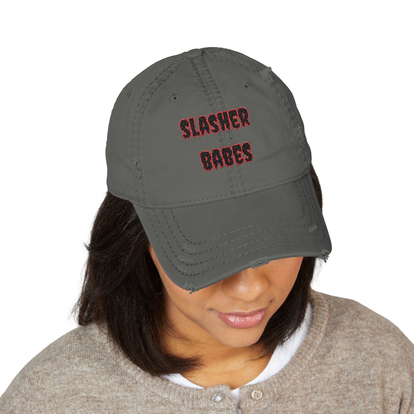 Distressed Embroidered Dad Hat - Slasher Babes Cap, Casual Summer Accessory, Gift for Horror Fans, Streetwear Style