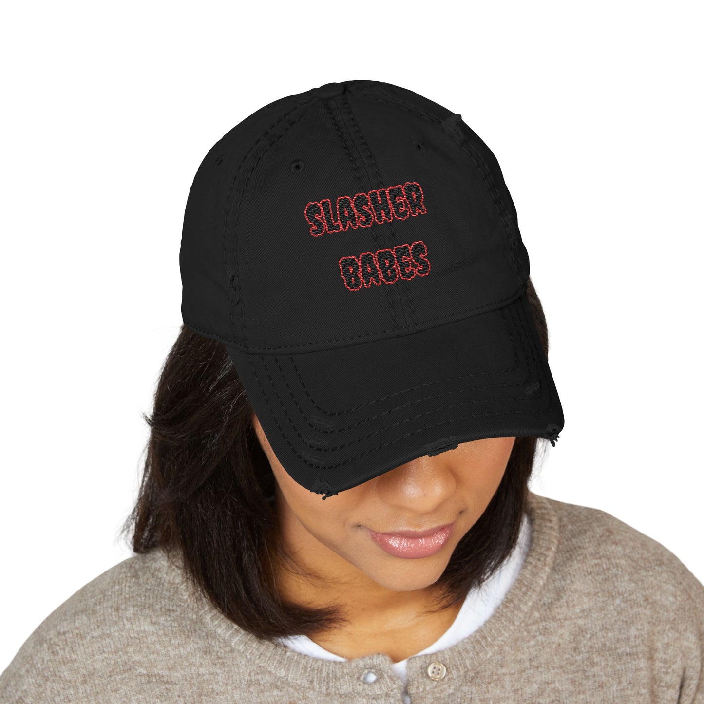 Distressed Embroidered Dad Hat - Slasher Babes Cap, Casual Summer Accessory, Gift for Horror Fans, Streetwear Style