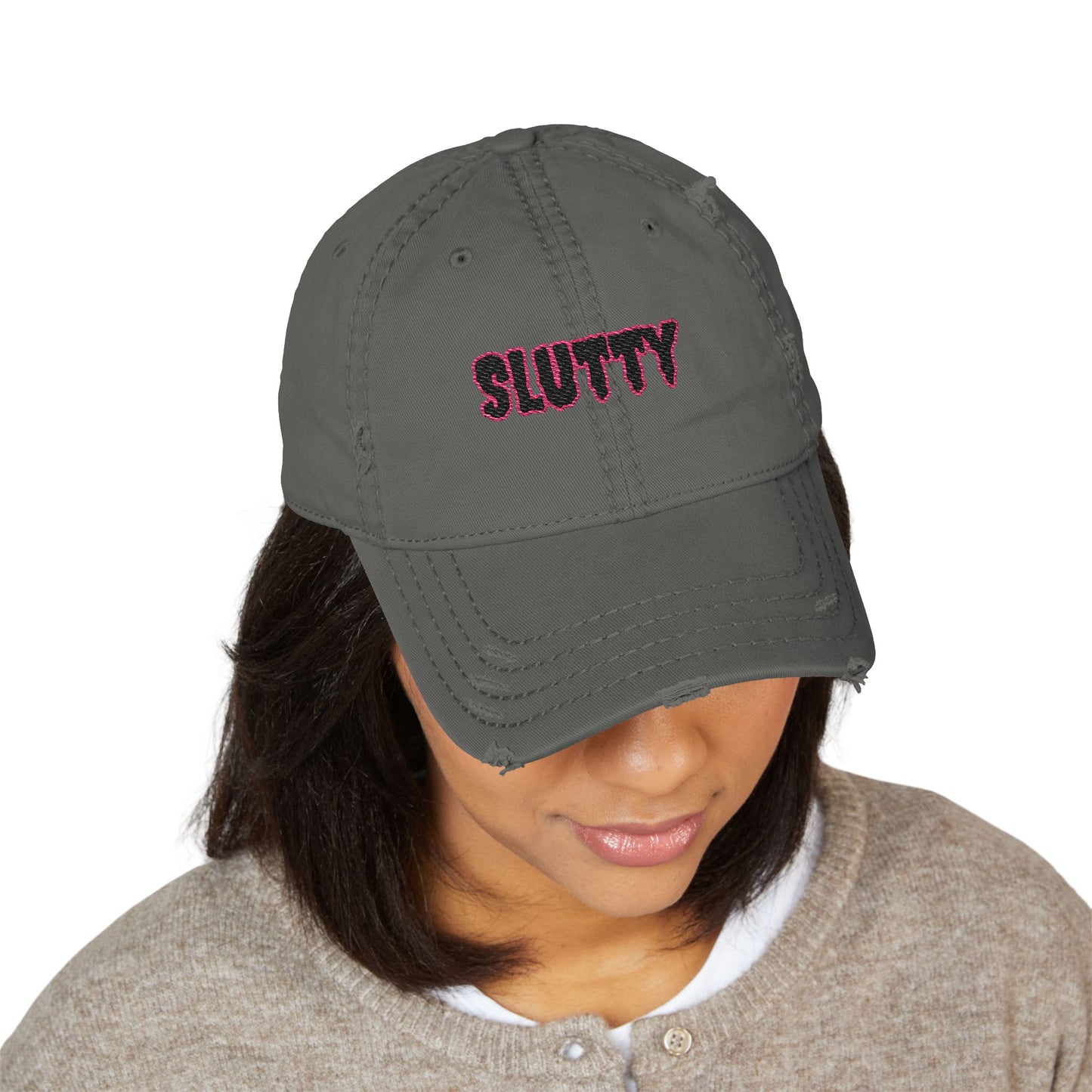 Distressed Dad Hat with 'SLUTTY' Embroidery - Trendy Cap for Casual Outfits, Gifts, Parties, Summer Fashion, Everyday Style